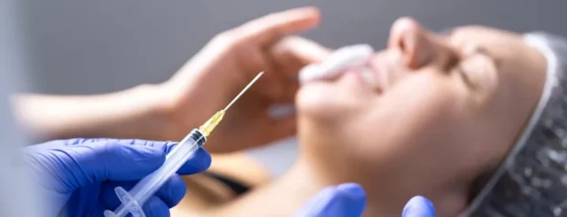 Hand in gloves holding and injector with woman receiving the treatment at the background.