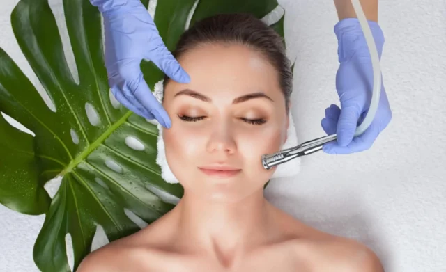 The cosmetologist makes the Microdermabrasion procedure of the facial skin of a woman